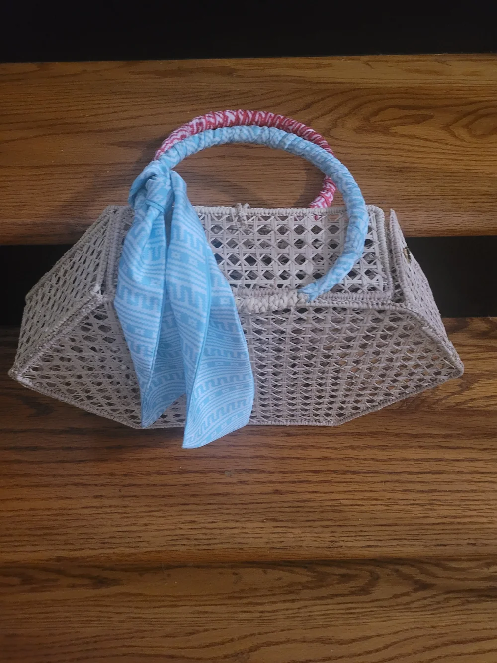 Woven Straw Tote with Blue Scarf Accent
